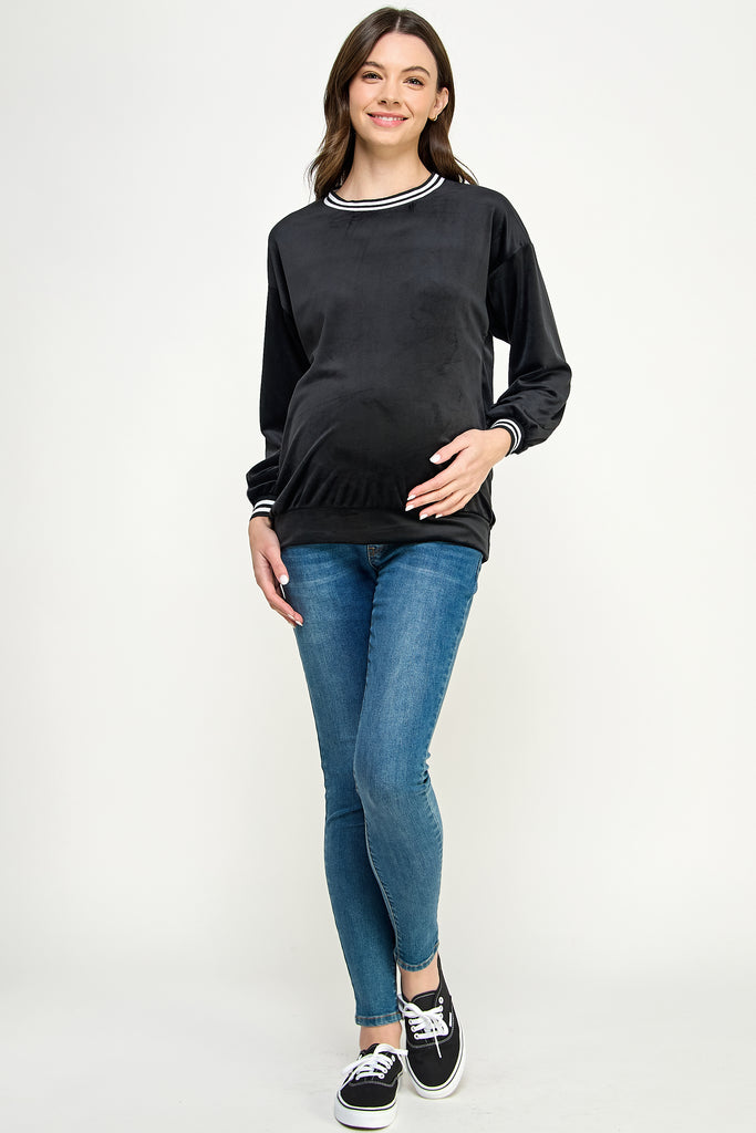 Black Velvet Maternity Sweatshirt with Striped Collar Full Body