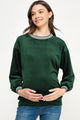 Green Velvet Maternity Sweatshirt with Striped Collar Front