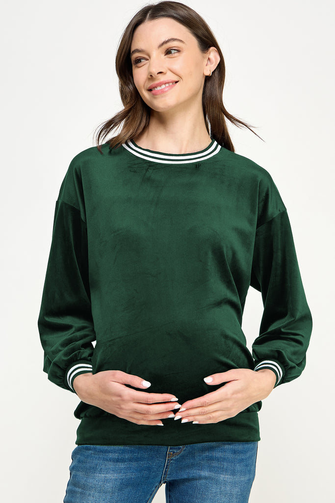 Green Velvet Maternity Sweatshirt with Striped Collar Front
