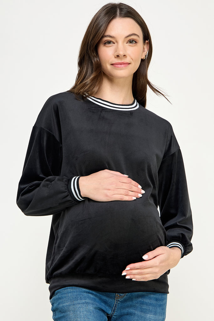 Black Velvet Maternity Sweatshirt with Striped Collar Front