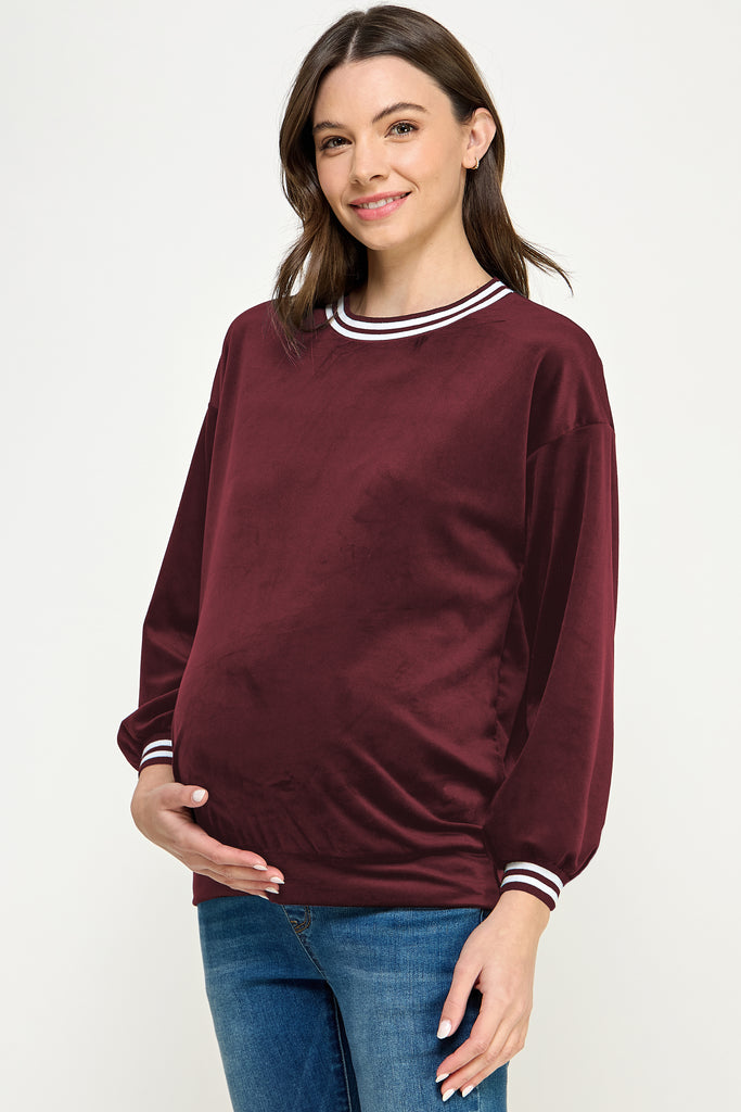 Burgundy Velvet Maternity Sweatshirt with Striped Collar Side