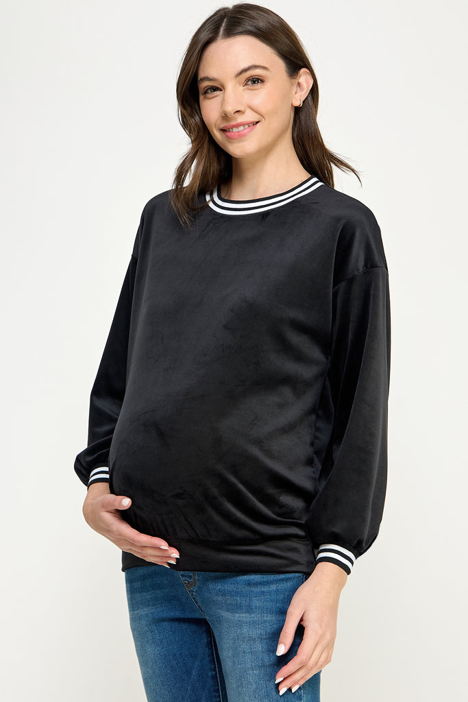Black Velvet Maternity Sweatshirt with Striped Collar Side
