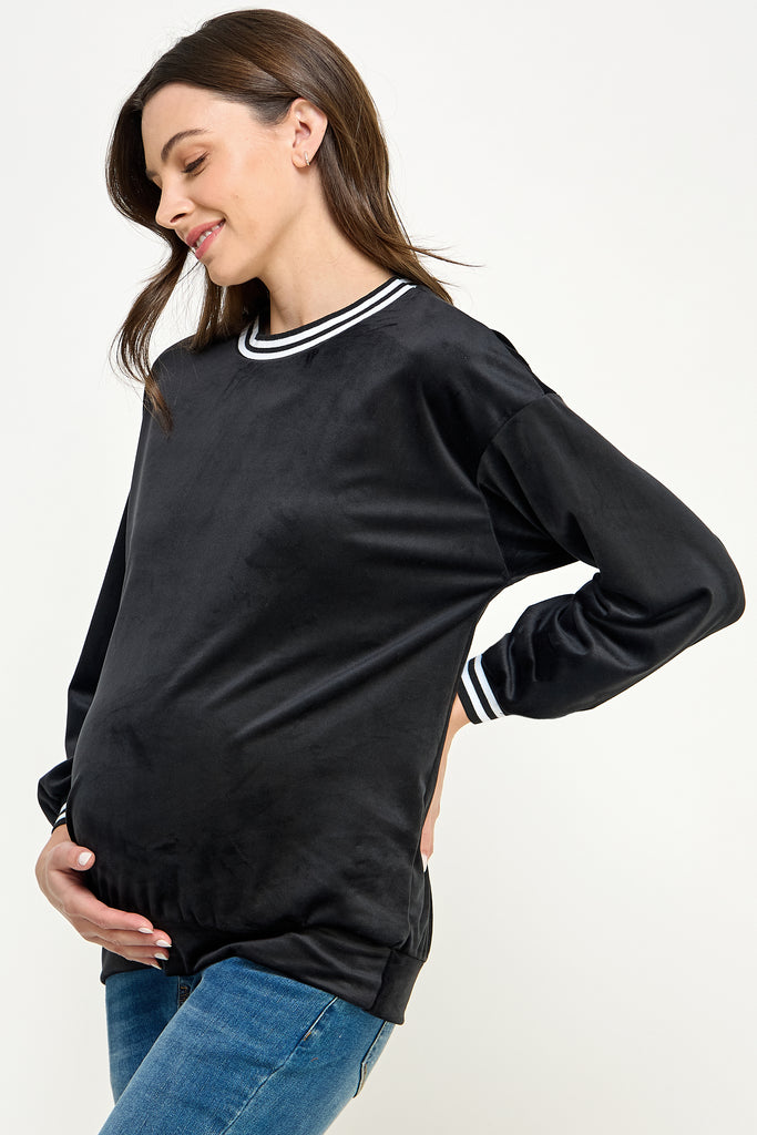 Black Velvet Maternity Sweatshirt with Striped Collar Side