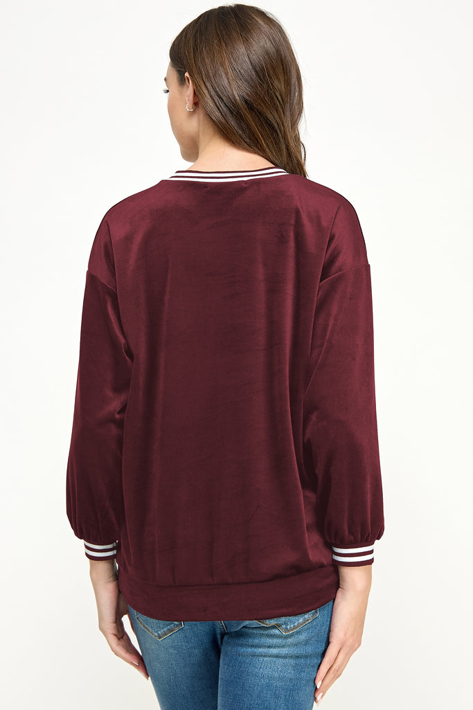 Burgundy Velvet Maternity Sweatshirt with Striped Collar Back