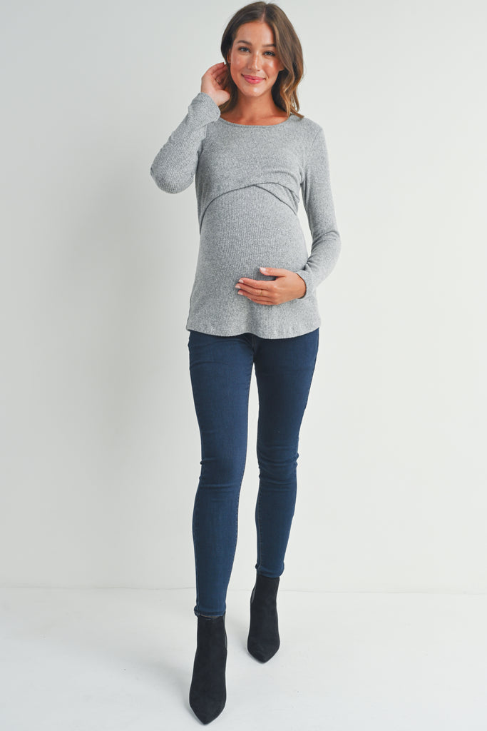 Heather Grey Ribbed Long Sleeve Maternity Nursing Shirt Top Full Body