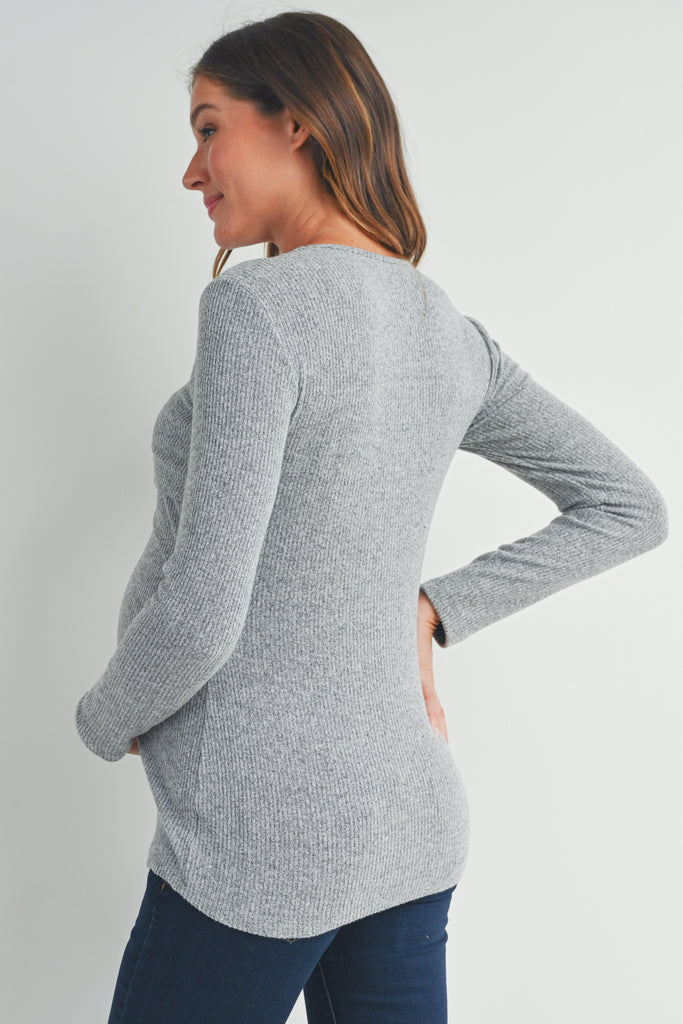 Heather Grey Ribbed Long Sleeve Maternity Nursing Shirt Top Back