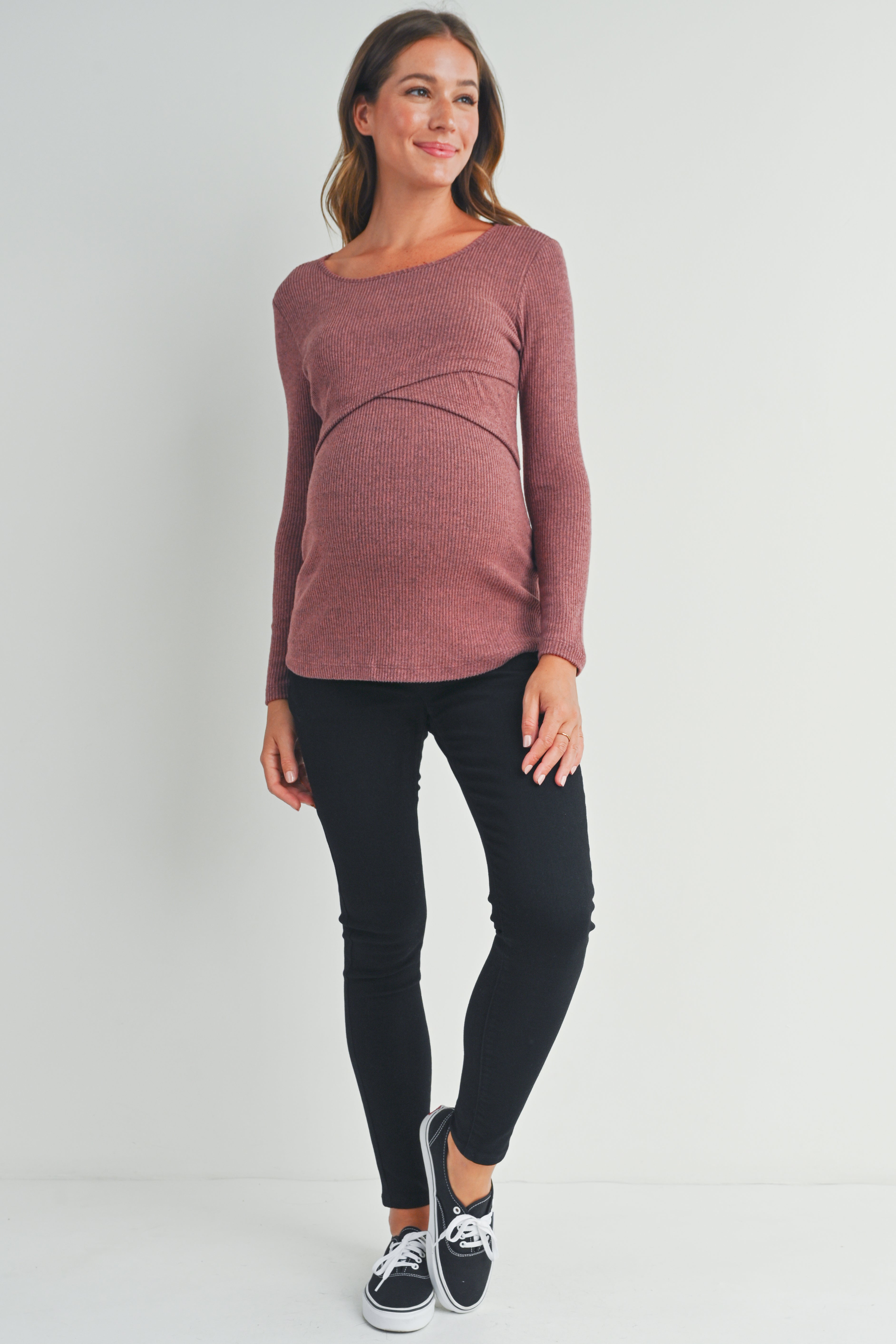 Dusty rose Ribbed Long Sleeve Maternity Nursing Shirt Top full body view