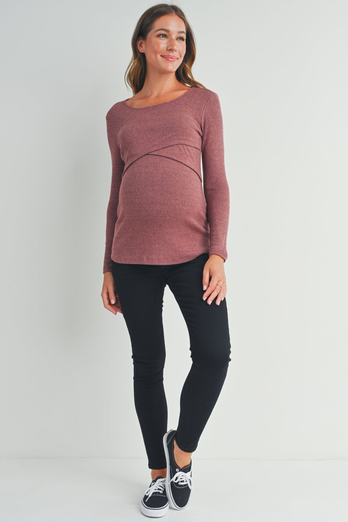 Dusty rose Ribbed Long Sleeve Maternity Nursing Shirt Top full body view