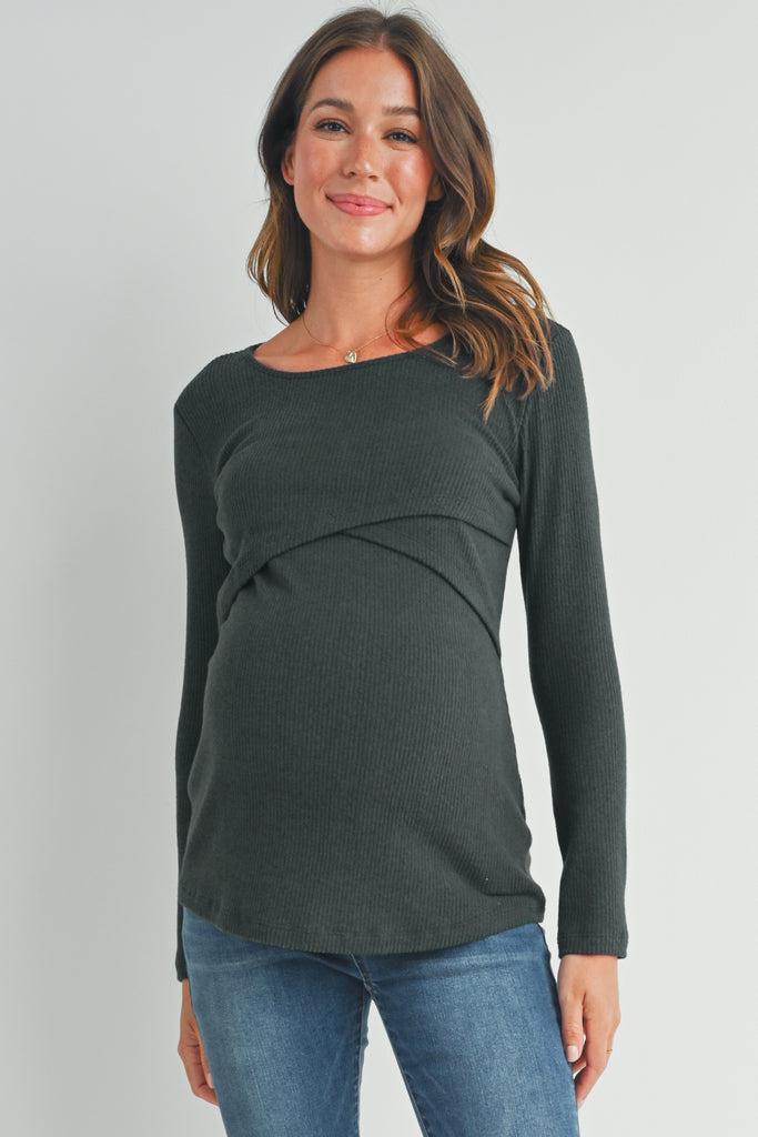 Dark Green Ribbed Long Sleeve Maternity Nursing Shirt Top Front