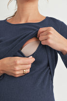 Navy Ribbed Long Sleeve Maternity Nursing Shirt Top Nursing Detail