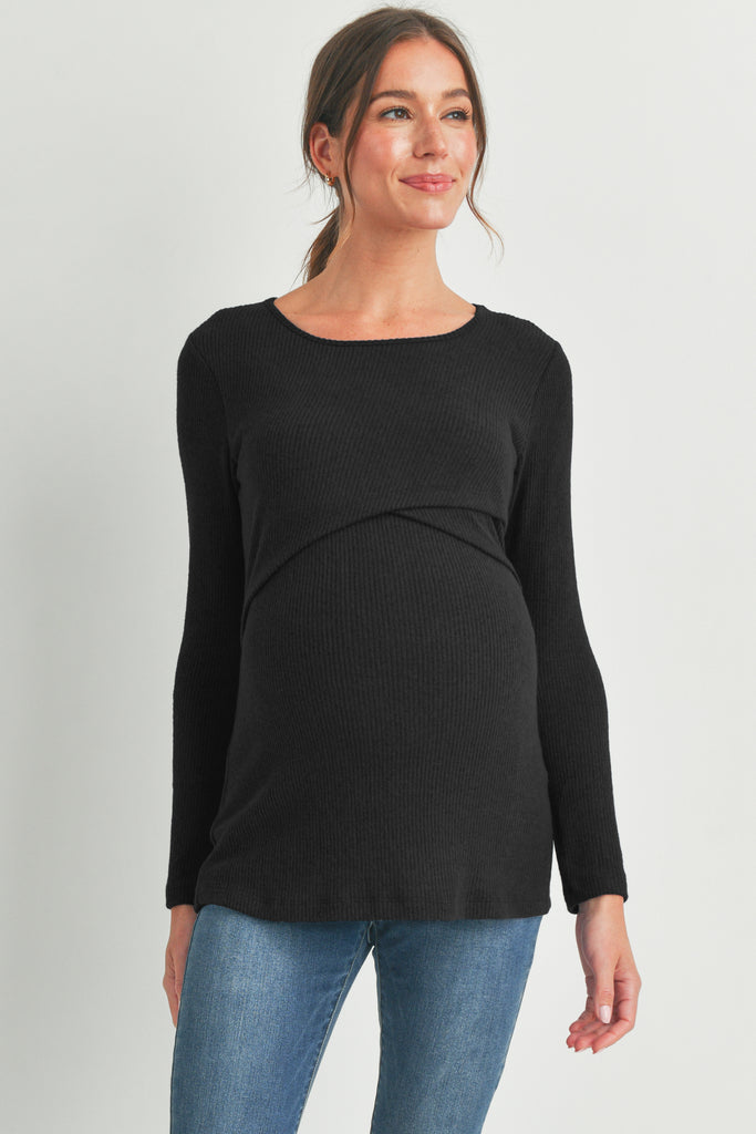 Black Green Ribbed Long Sleeve Maternity Nursing Shirt Top Front