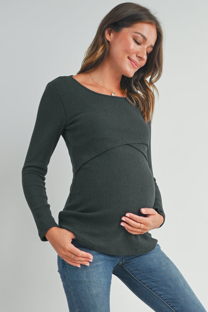 Dark Green Ribbed Long Sleeve Maternity Nursing Shirt Top Side