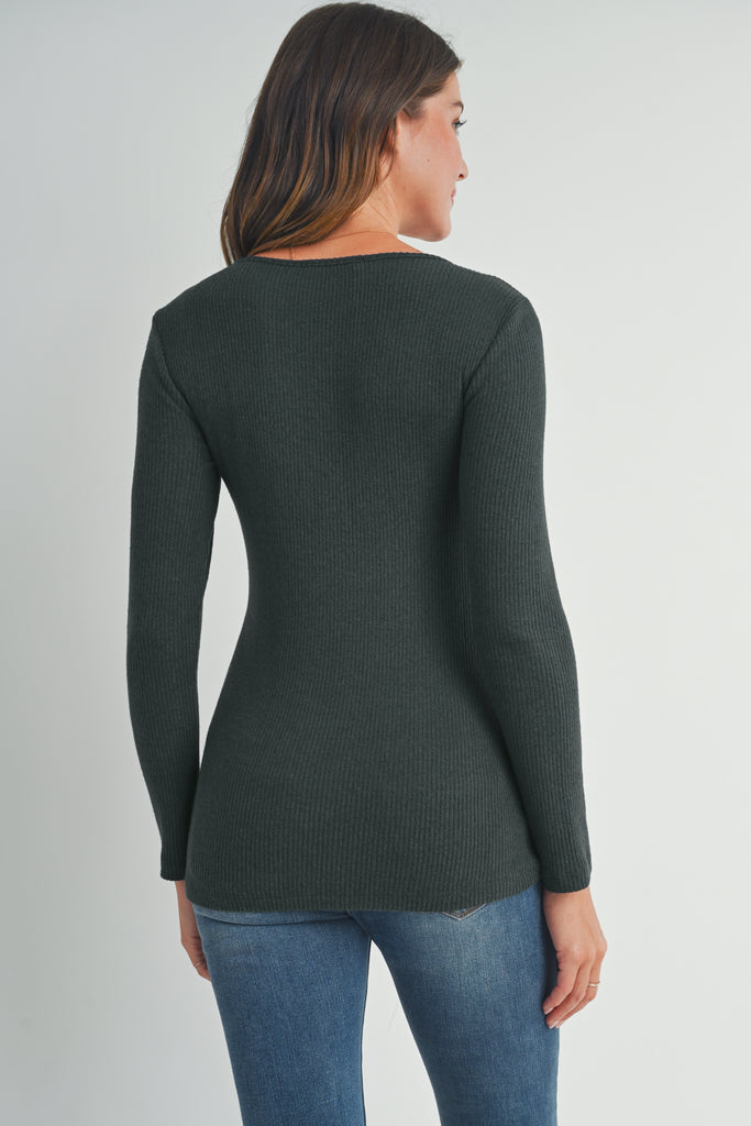 Dark Green Ribbed Long Sleeve Maternity Nursing Shirt Top Back