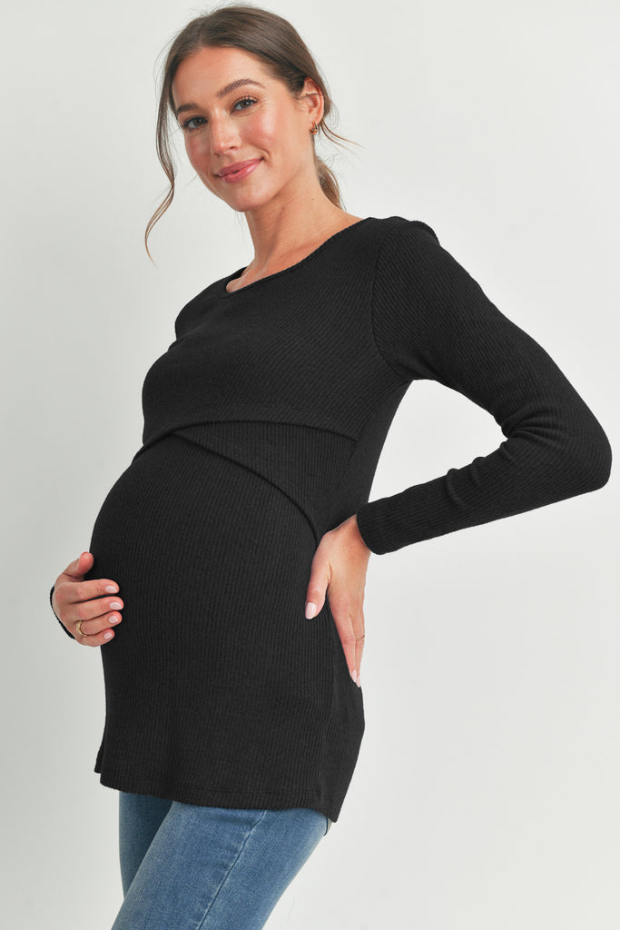 Black Green Ribbed Long Sleeve Maternity Nursing Shirt Top Side