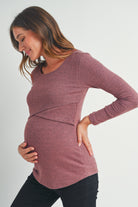 Dusty rose Ribbed Long Sleeve Maternity Nursing Shirt Top side view