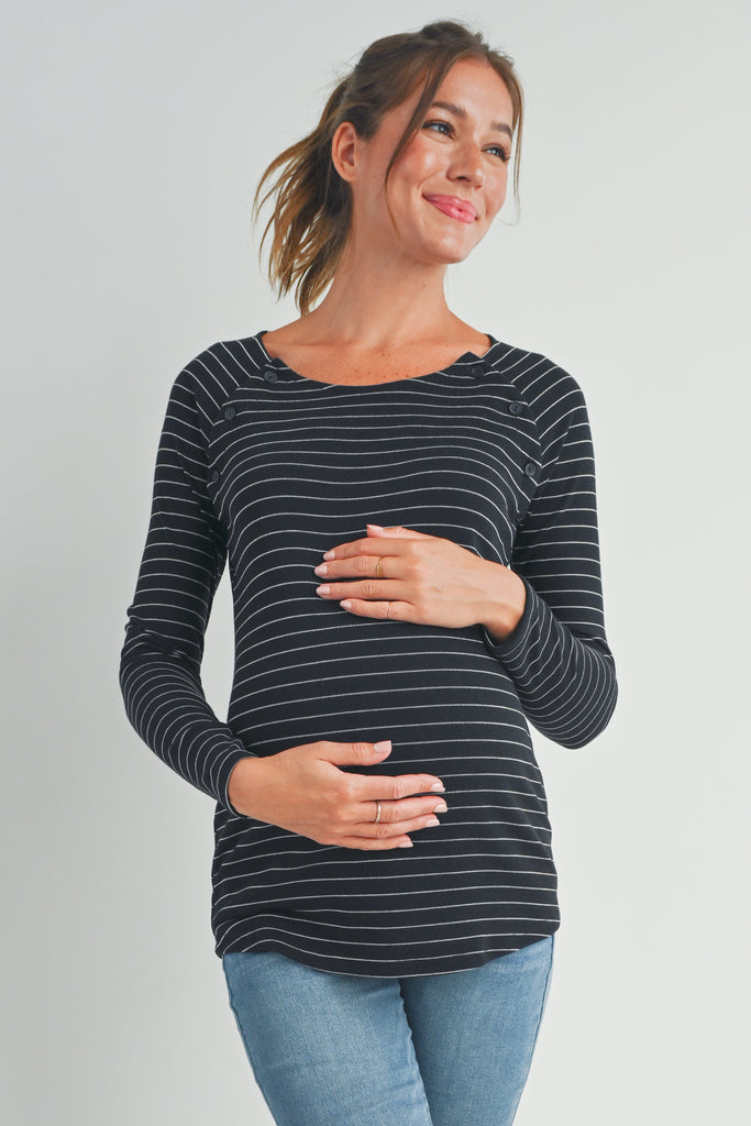 Black Striped Round Neck Nursing Top with Button Detail Front