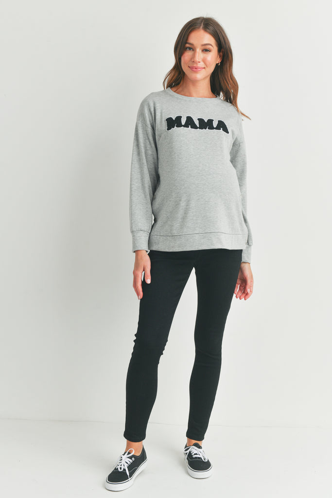 Heather Grey Crewneck Maternity Sweatshirt with Mama Patch Full Body