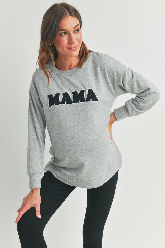 Heather Grey Crewneck Maternity Sweatshirt with Mama Patch Front