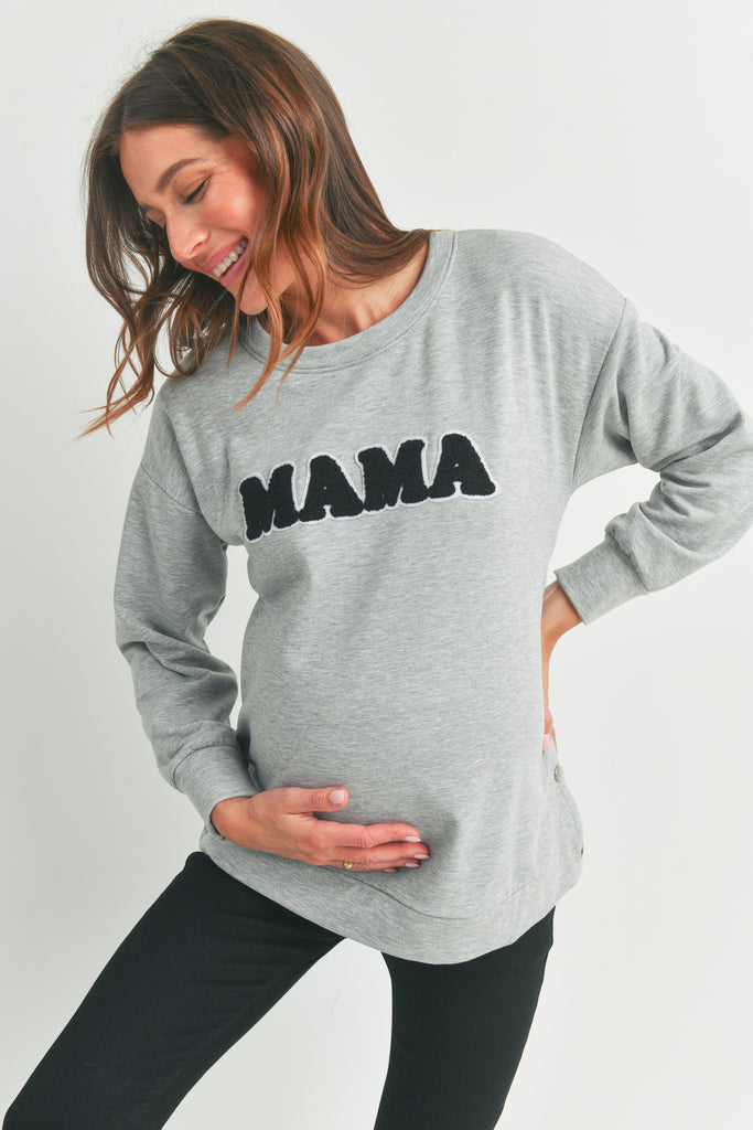 Heather Grey Crewneck Maternity Sweatshirt with Mama Patch Front