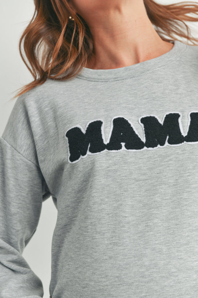 Heather Grey Crewneck Maternity Sweatshirt with Mama Patch Close Up