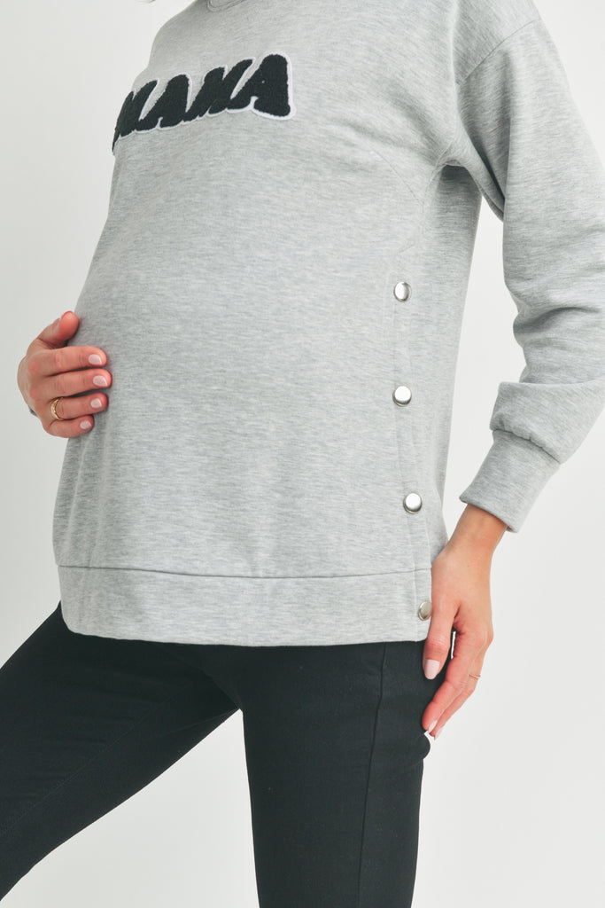 Heather Grey Crewneck Maternity Sweatshirt with Mama Patch Side Detail