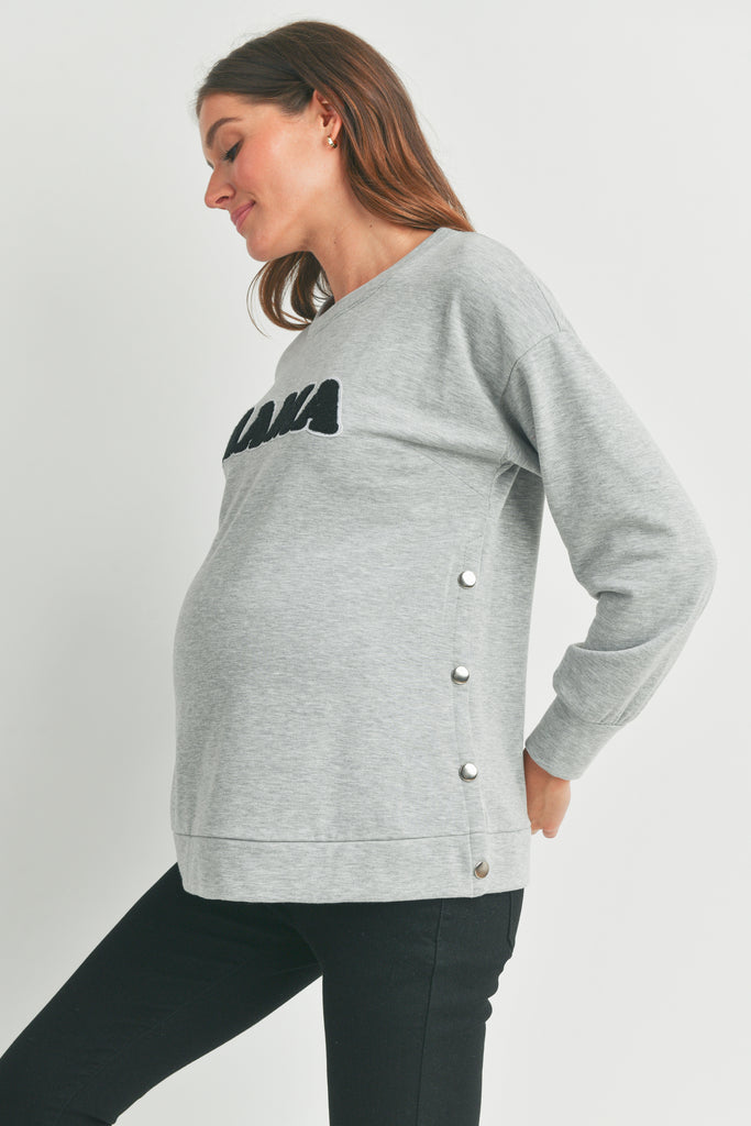 Heather Grey Crewneck Maternity Sweatshirt with Mama Patch Side