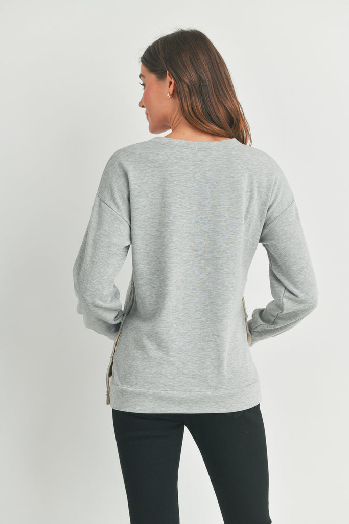 Heather Grey Crewneck Maternity Sweatshirt with Mama Patch Back