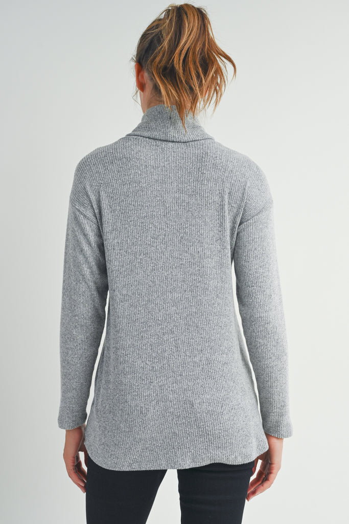 Heather Grey Ribbed Turtleneck Overlap Maternity Sweater Back