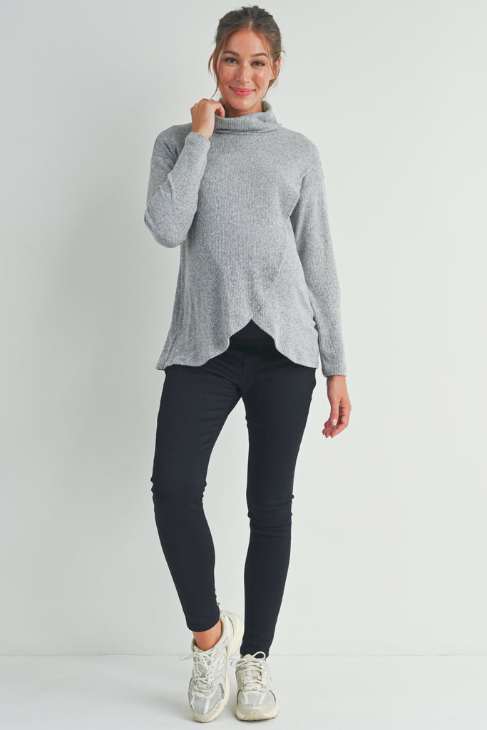 Heather Grey Ribbed Turtleneck Overlap Maternity Sweater Full Body