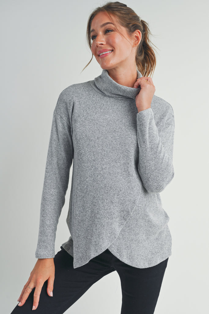 Heather Grey Ribbed Turtleneck Overlap Maternity Sweater Front