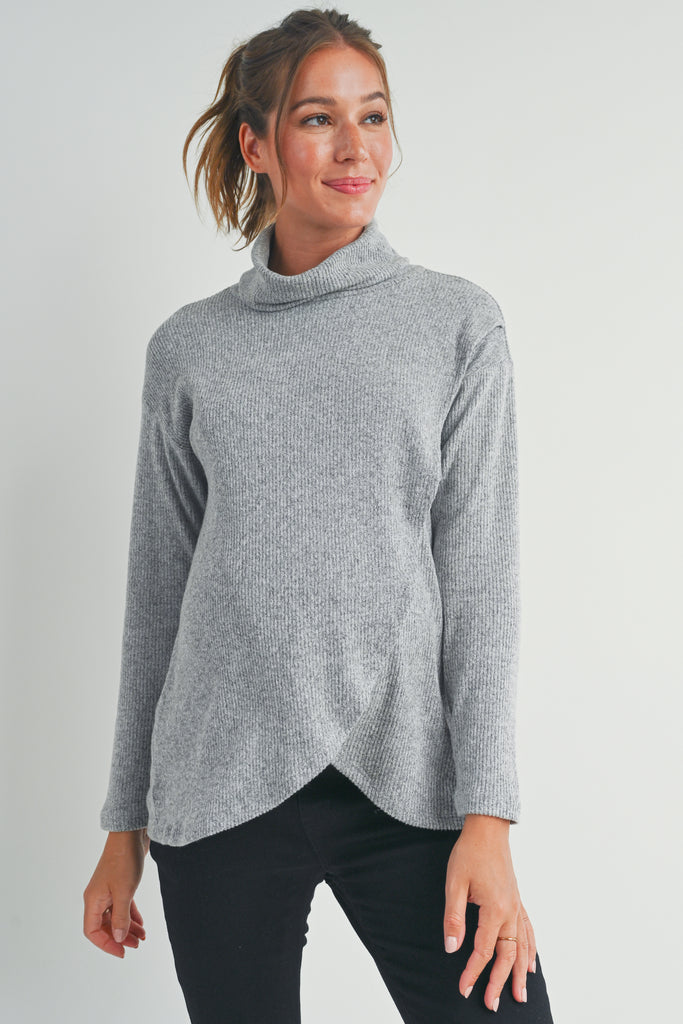 Heather Grey Ribbed Turtleneck Overlap Maternity Sweater Front