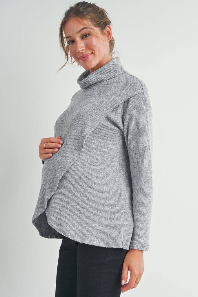 Heather Grey Ribbed Turtleneck Overlap Maternity Sweater Side