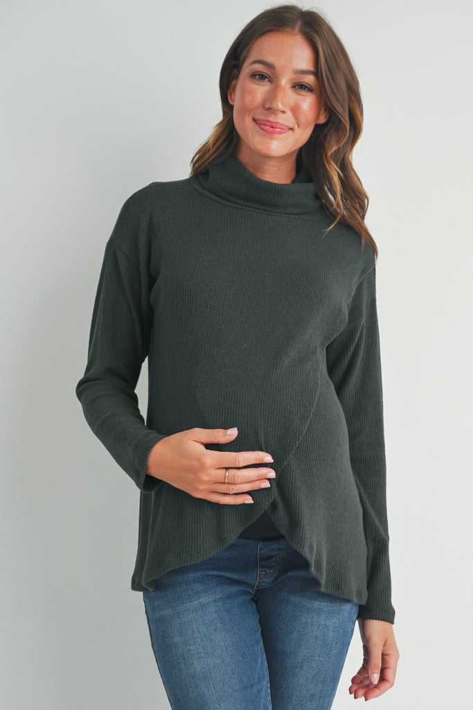 Dark Green Ribbed Turtleneck Overlap Maternity Sweater Front