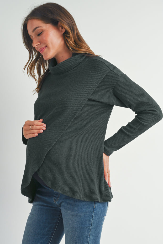 Dark Green Ribbed Turtleneck Overlap Maternity Sweater Side