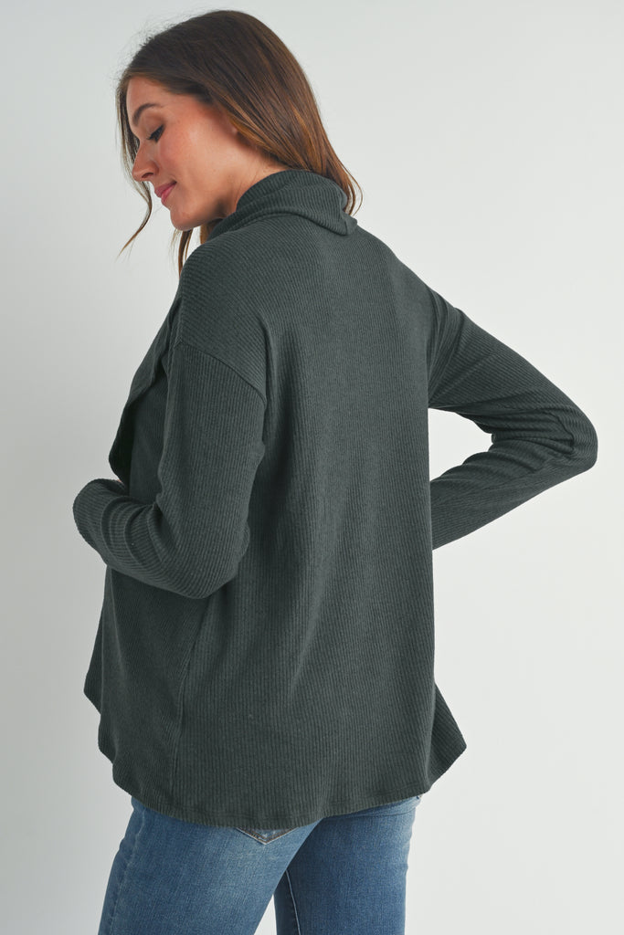 Dark Green Ribbed Turtleneck Overlap Maternity Sweater Back