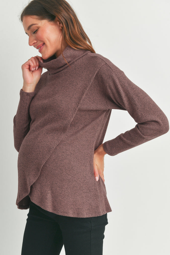 Mauve Ribbed Turtleneck Overlap Maternity Sweater Side