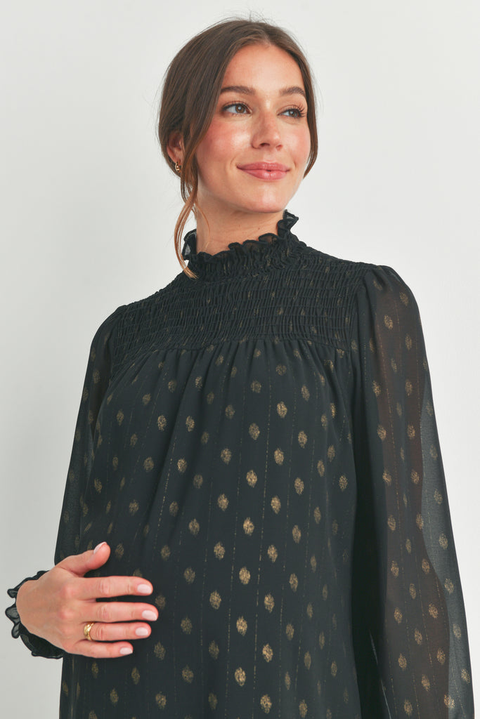 Black Smocked Mock Neck Long Sleeve Maternity Top Smocked Neck Detail