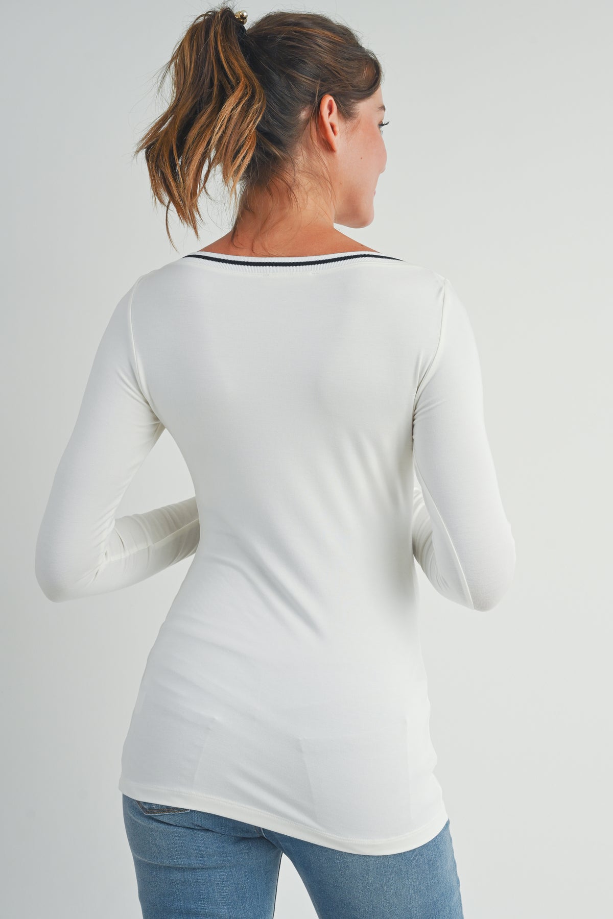 Ivory Boatneck Long Sleeve Maternity Top with Contrast-Trim Back