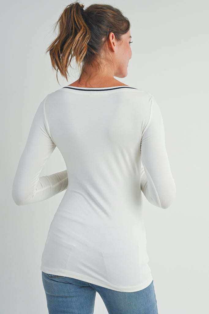 Ivory Boatneck Long Sleeve Maternity Top with Contrast-Trim Back