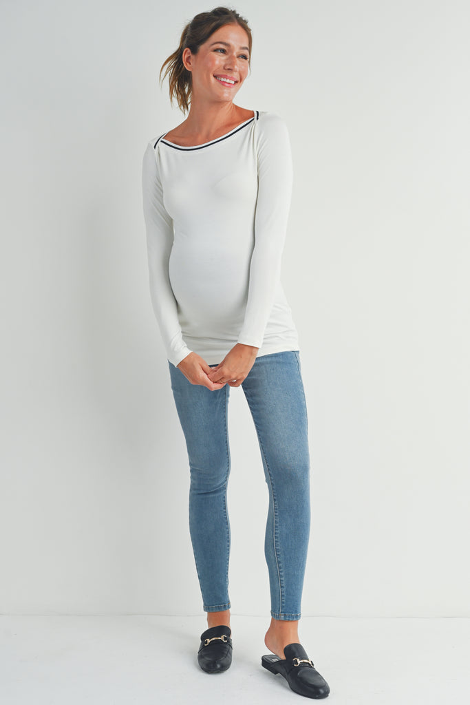 Ivory Boatneck Long Sleeve Maternity Top with Contrast-Trim Full Body