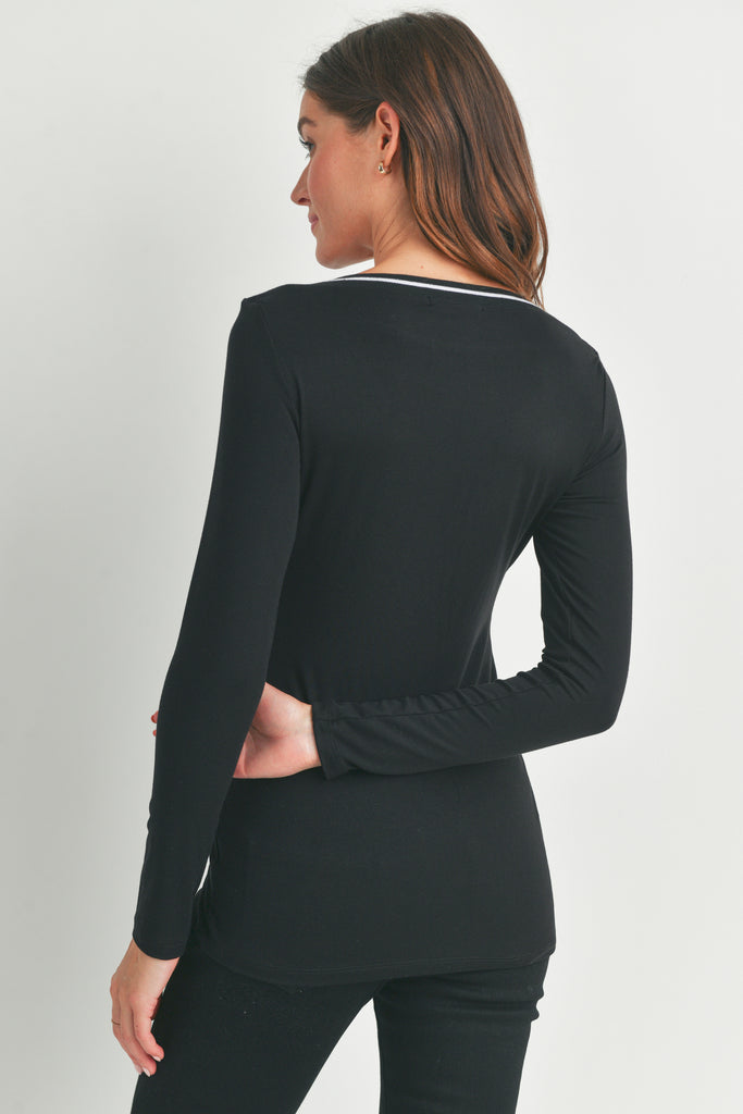 Black Boatneck Long Sleeve Maternity Top with Contrast-Trim Back