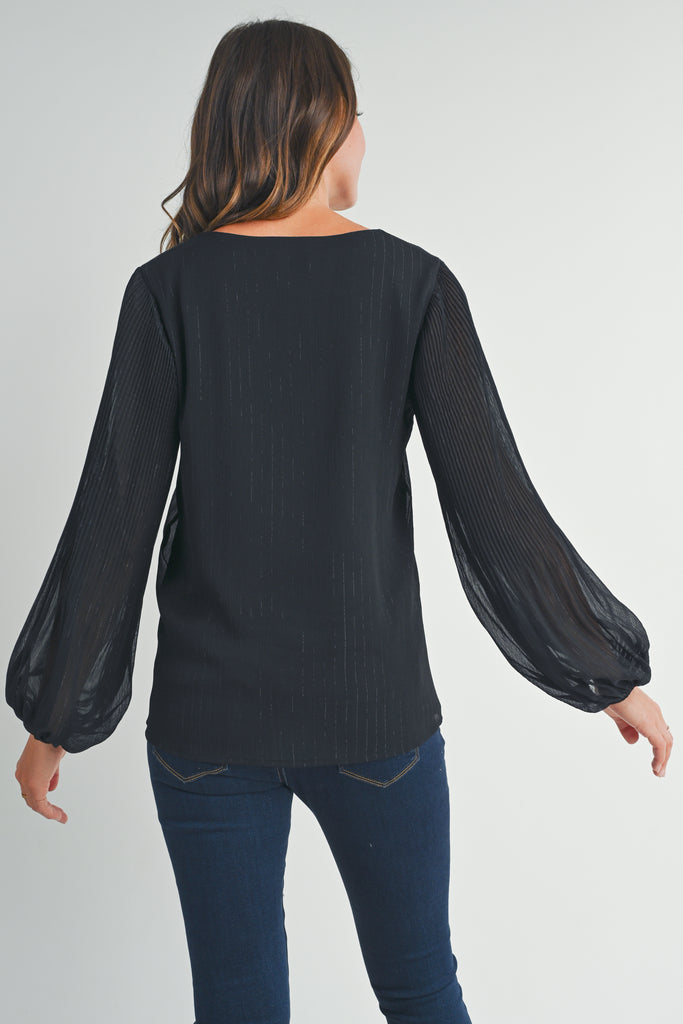 Black Pleated Long Sleeve V-Neck Maternity Top Back