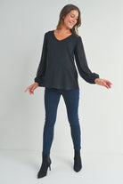 Black Pleated Long Sleeve V-Neck Maternity Top Side Full Body