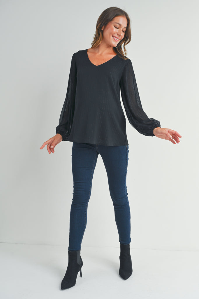 Black Pleated Long Sleeve V-Neck Maternity Top Side Full Body