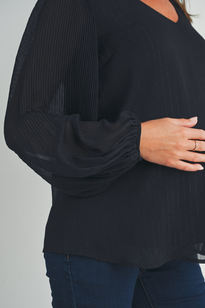 Black Pleated Long Sleeve V-Neck Maternity Top Side Detail