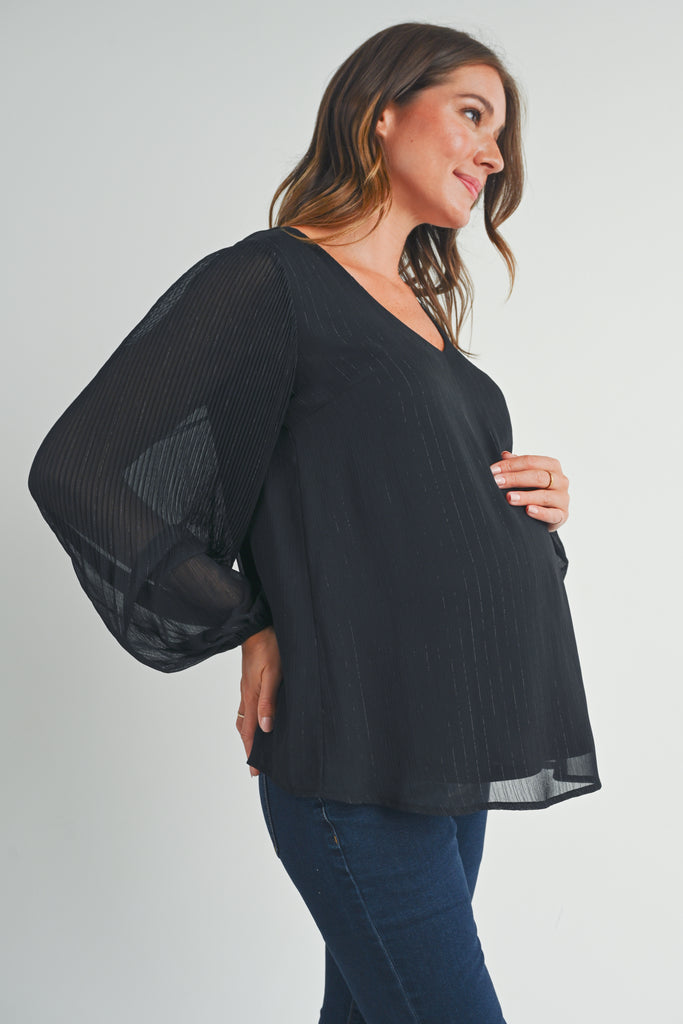Black Pleated Long Sleeve V-Neck Maternity Top Side