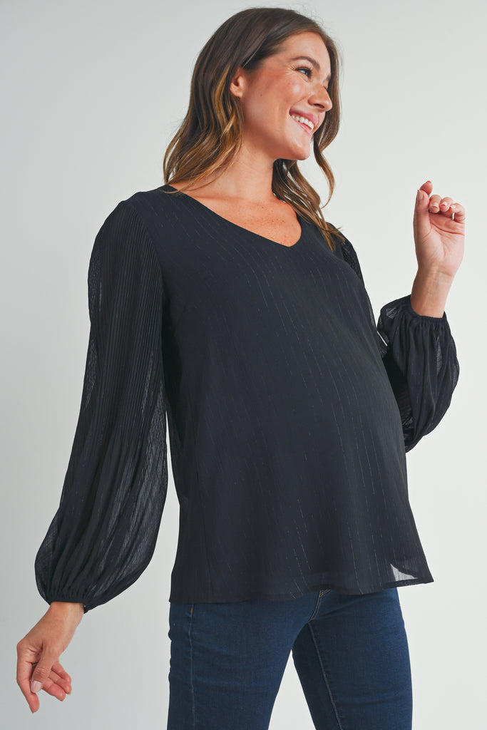 Black Pleated Long Sleeve V-Neck Maternity Top Side