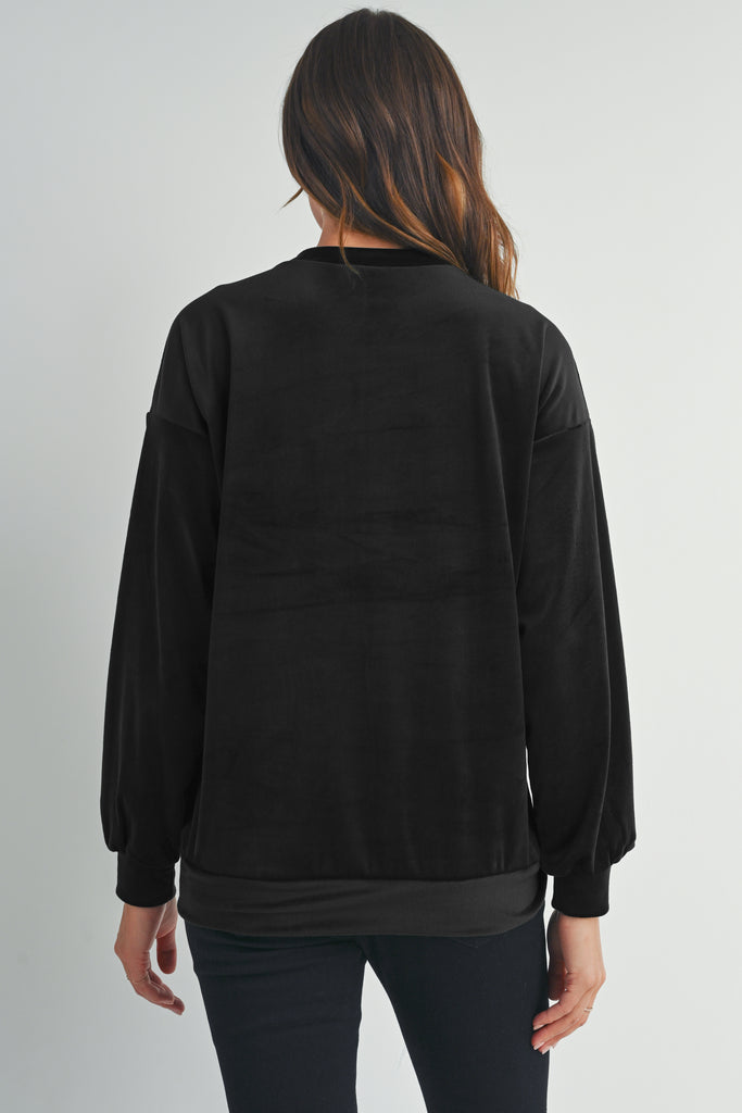 Black Velvet Maternity Sweatshirts Top with Mama Patch Back
