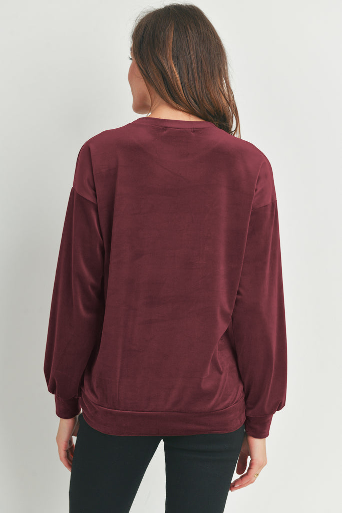 Burgundy Velvet Maternity Sweatshirts Top with Mama Patch Back