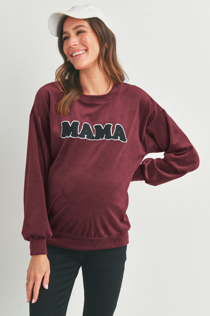 Burgundy Velvet Maternity Sweatshirts Top with Mama Patch Front